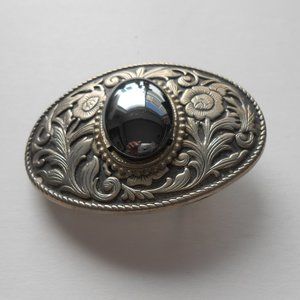 Western Style Silver-Black Belt Buckle with Black-Grey Stone